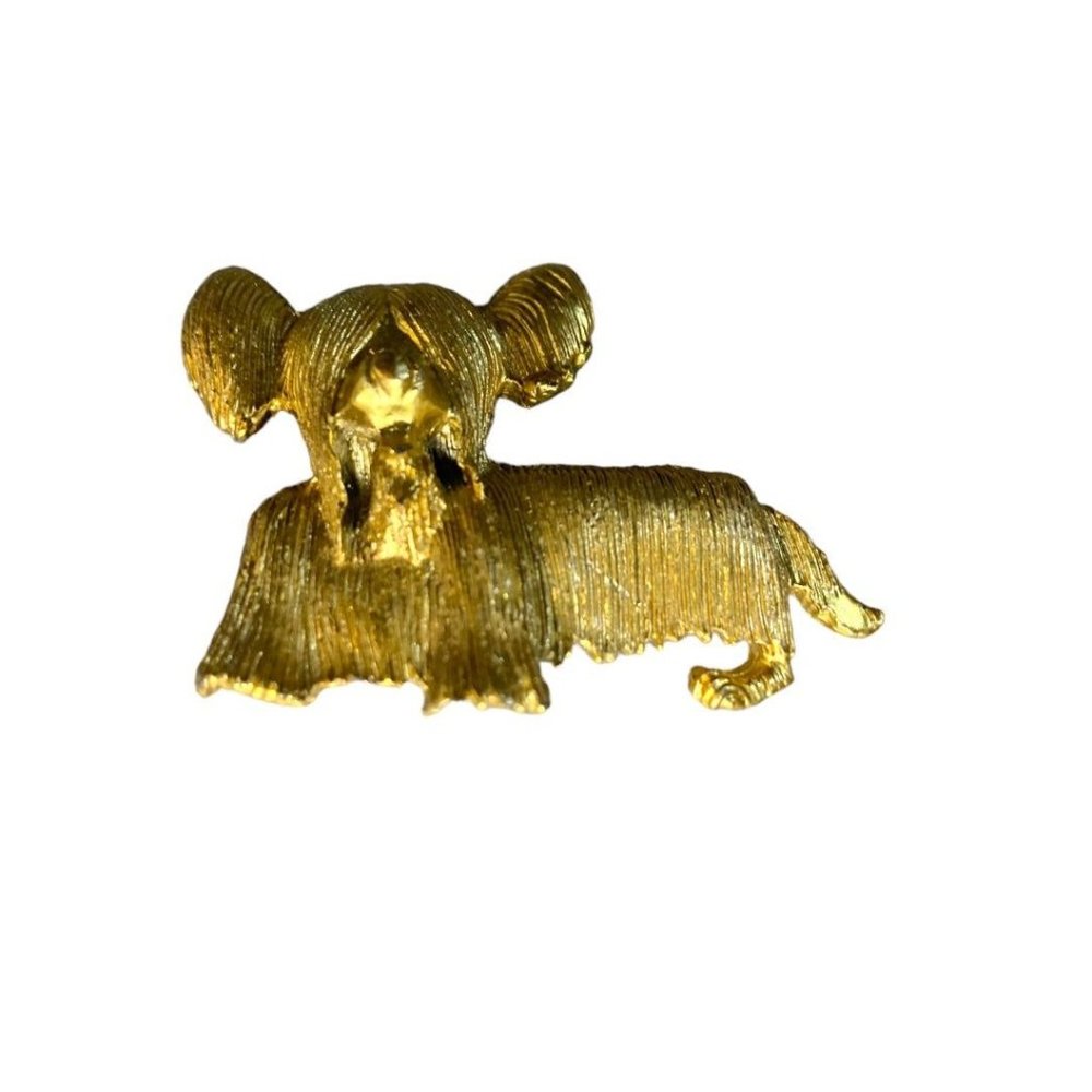Vintage Terrier Dog Brooch, Long Haired Dog Pin, Rhinestone Collar, Gold Plated,